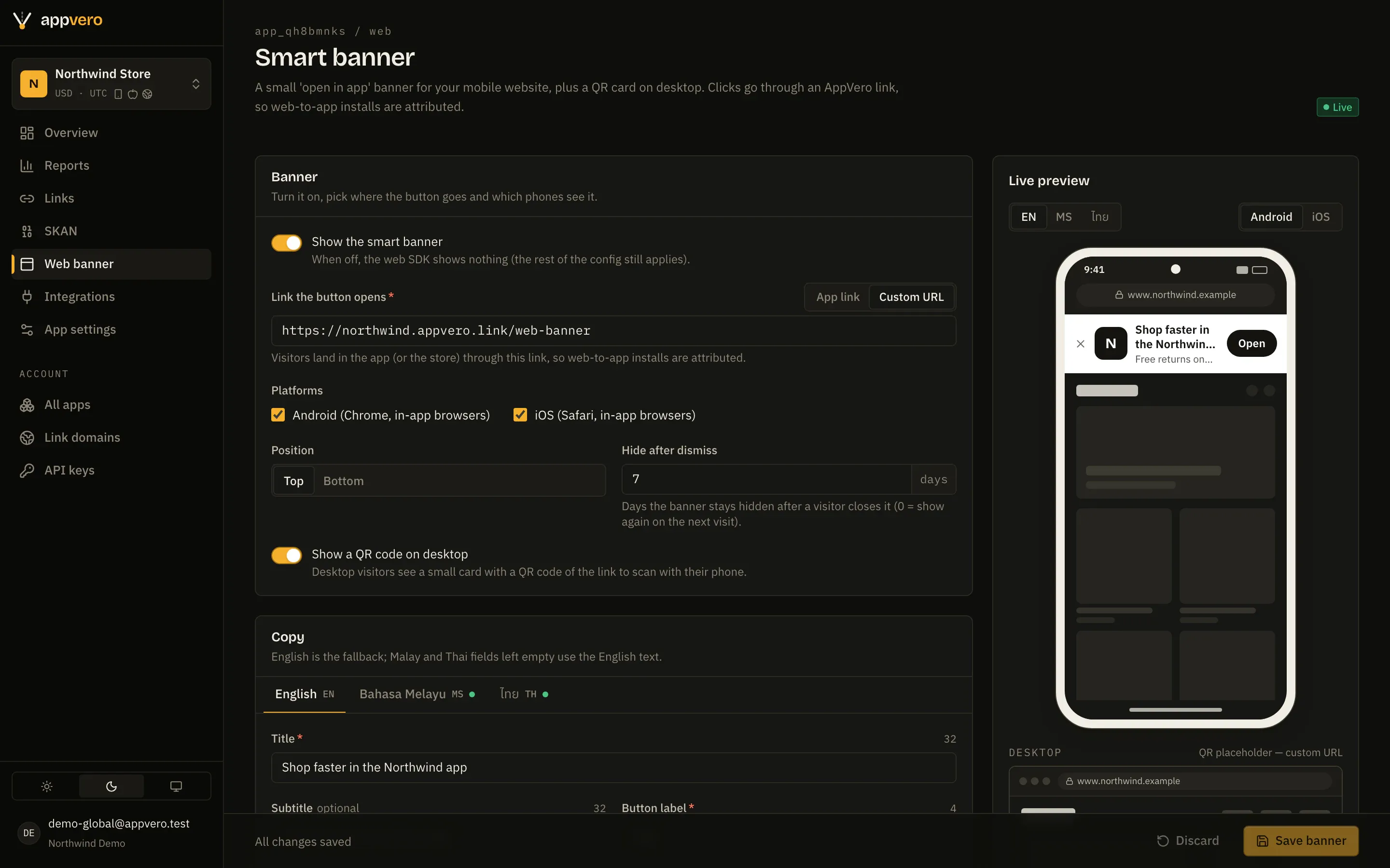 AppVero smart banner builder with a live phone preview of an “Open in app” banner.
