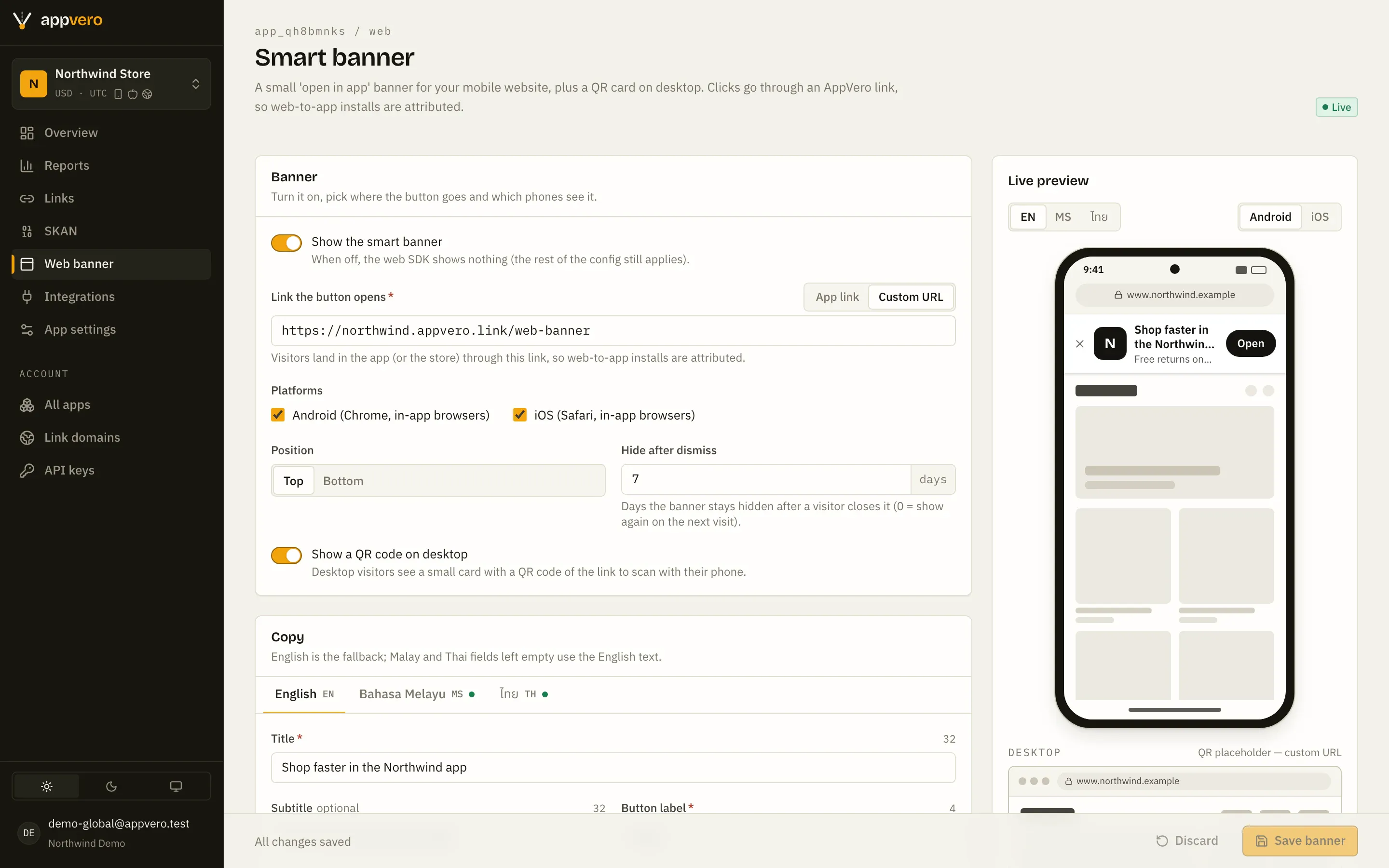 AppVero smart banner builder with a live phone preview of an “Open in app” banner.