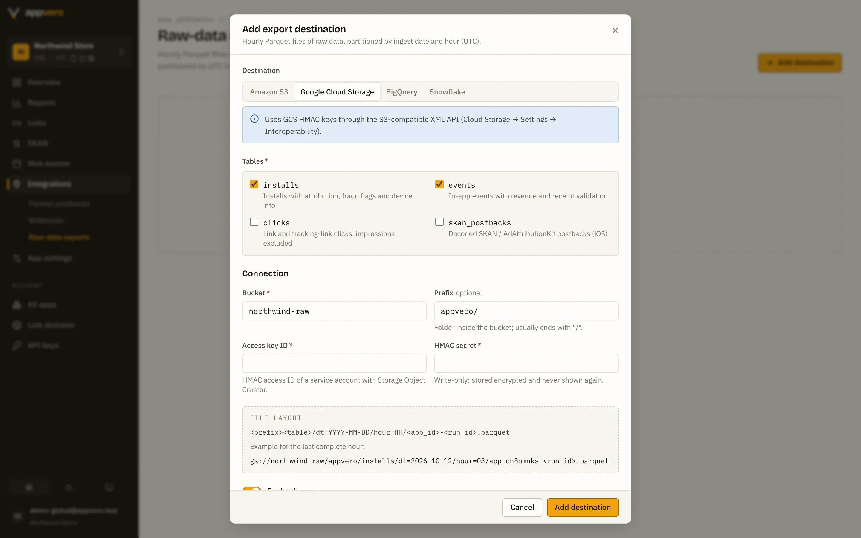 AppVero “Add export destination” dialog with Google Cloud Storage selected: table selection, bucket and prefix, and the resulting file layout.