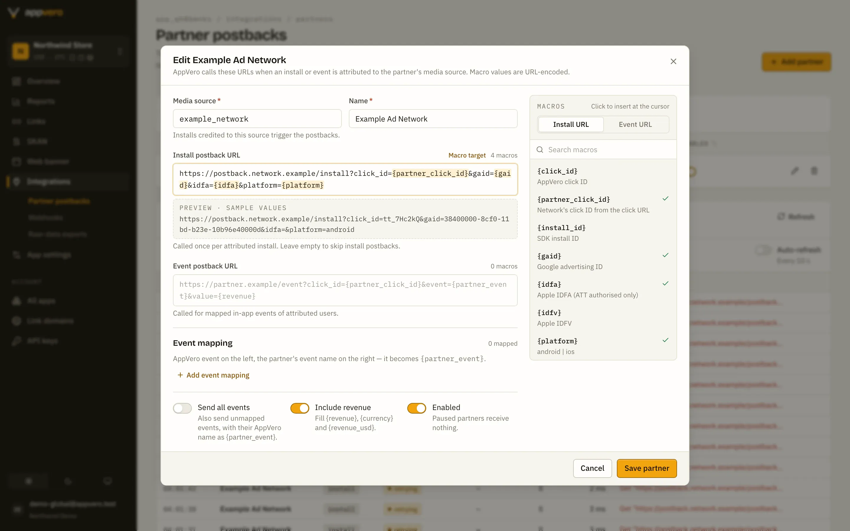 AppVero partner postback editor with an install postback URL template, macros and a sample preview.
